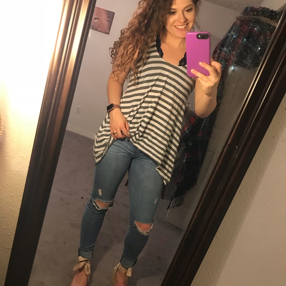 Asymmetrical Hem Racerback Striped Gray Tank